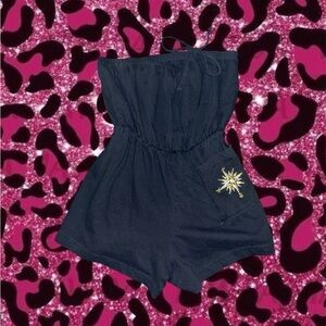 Black Strapless Romper with Starburst Detail